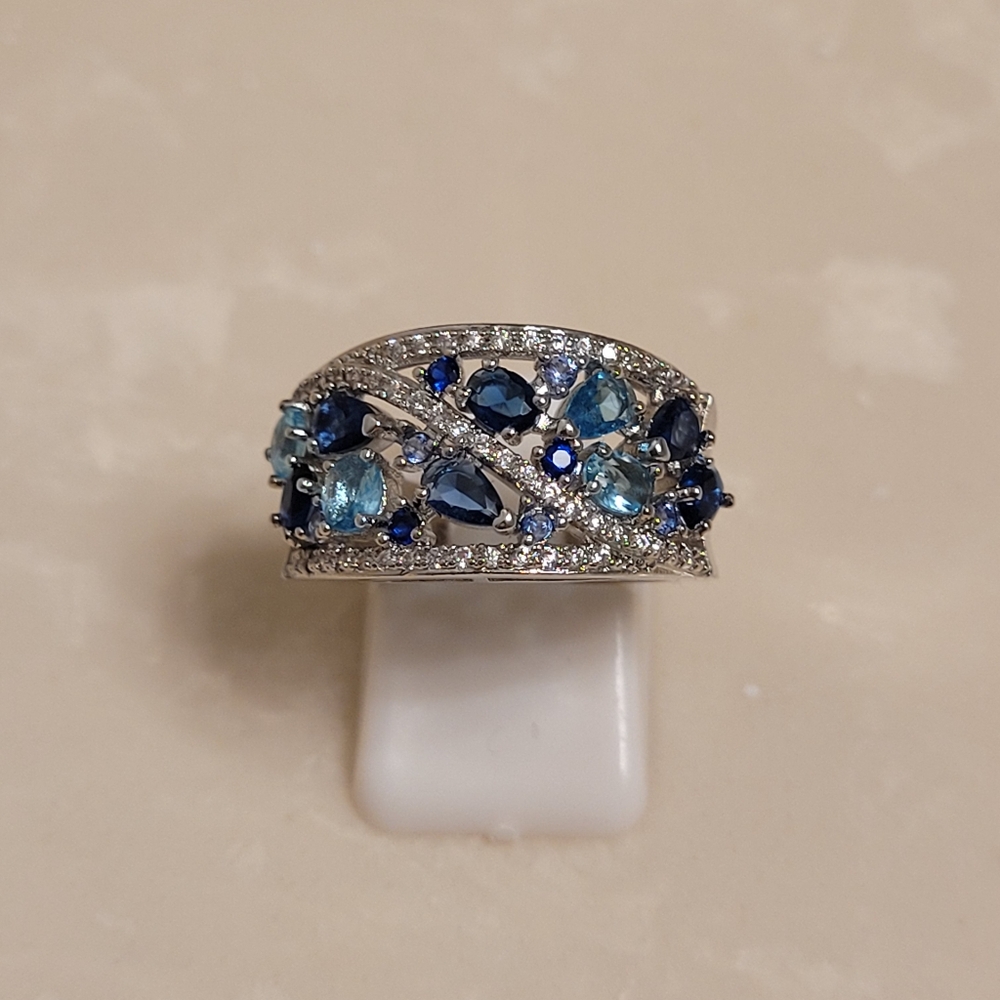 925 Silver CZ Aquamarine and Sapphire Cluster Ring Size 7.5 - Picture 4 of 7